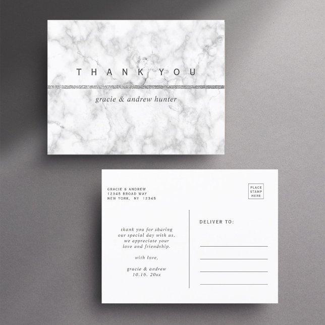Modern White Marble Silver Glitter Thank You Postcard (Front & Back)