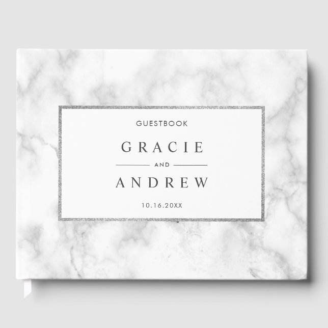 Modern White Marble Silver Glitter Wedding Guest Book (Front)