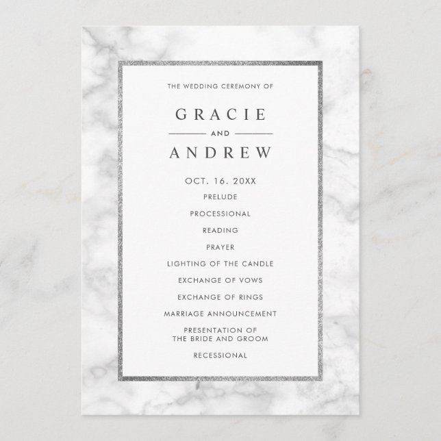 Modern White Marble Wedding Ceremony Program (Front)