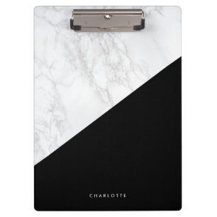 Modern White Marble with Black Block Personalised Clipboard