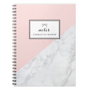 Modern White Marble with Pink Block Personalised Notebook
