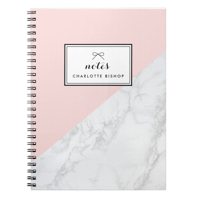 Modern White Marble with Pink Block Personalised Notebook (Front)