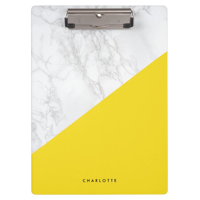 Modern White Marble with Yellow Block Personalised Clipboard (Front)