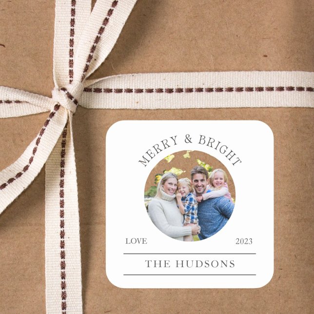 Modern White Merry & Bright Round Photo Square Sticker (Creator Uploaded)
