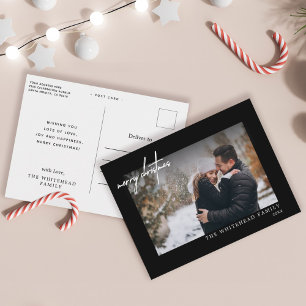 Modern White Merry Christmas Lettering Photo Black Postcard