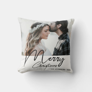 Modern White Merry Christmas Photo Cushion