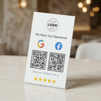Modern White Minimalist QR Google Facebook Review Pedestal Sign