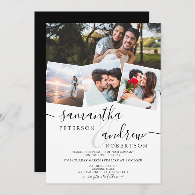 Modern white minimalist script 4 photos wedding invitation (Front/Back)