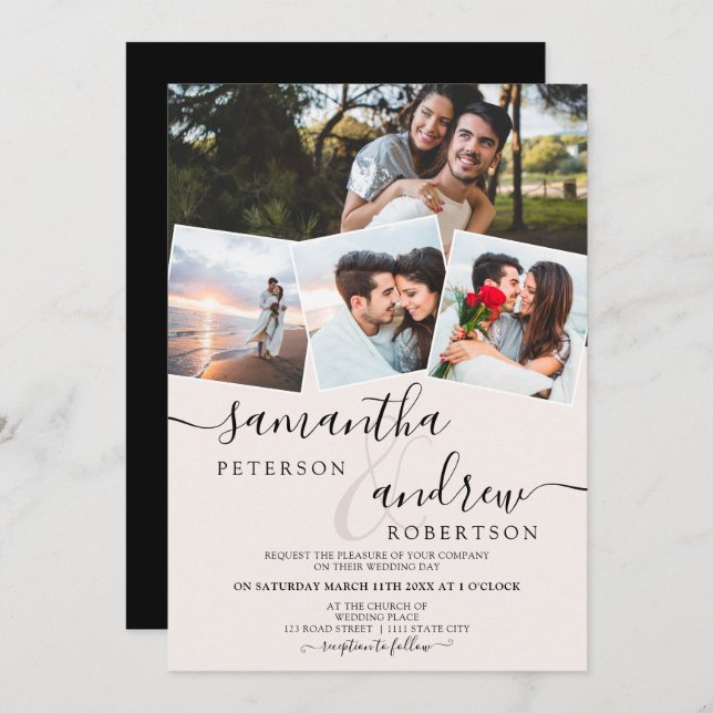 Modern white minimalist script 4 photos wedding invitation (Front/Back)