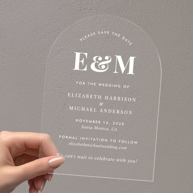 Modern White Monogram Initials Arch Save The Date Acrylic Invitations (Make your day unforgettable with stunning arched acrylic save the dates—modern, elegant, unique!)