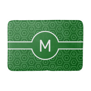 Modern White Monogram on Green Geometric Bath Mat