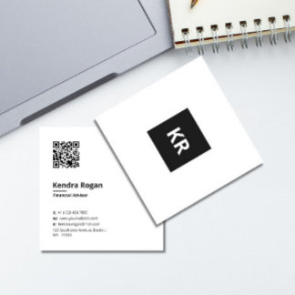 Modern White Monogram QR code Minimal Square Business Card