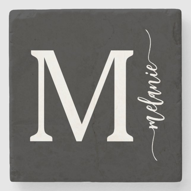 Modern White Monogram Stone Coaster (Front)