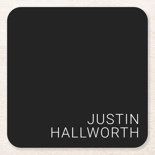 Modern White Name on Black Square Paper Coaster (Front)