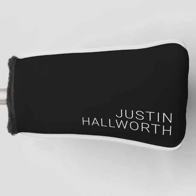 Modern White Name or other Text on Black Golf Head Cover (Front)