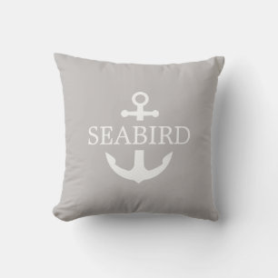 Modern White Nautical Anchor & Boat Name. Taupe Cushion