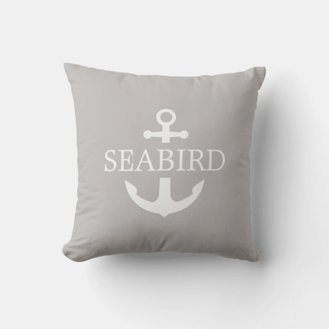 Modern White Nautical Anchor & Boat Name. Taupe Cushion (Front)