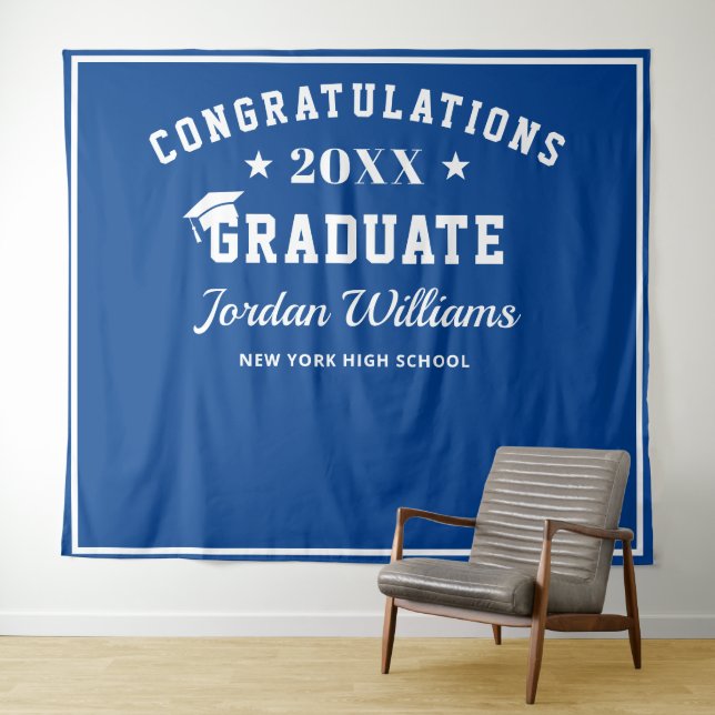 Modern White Navy Blue Graduation Photo Backdrop Tapestry (In Situ (Horizontal))