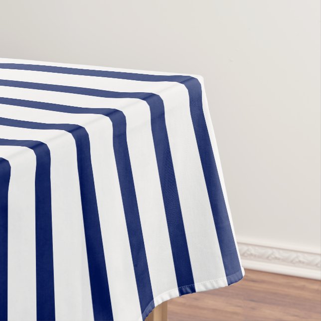 Modern white navy blue stripes pattern elegant tablecloth (In Situ)