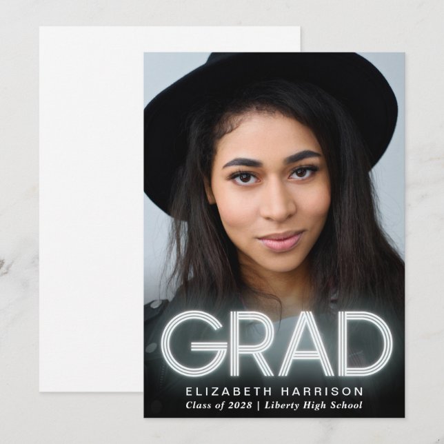 Modern White Neon Graduation Announcement (Front/Back)