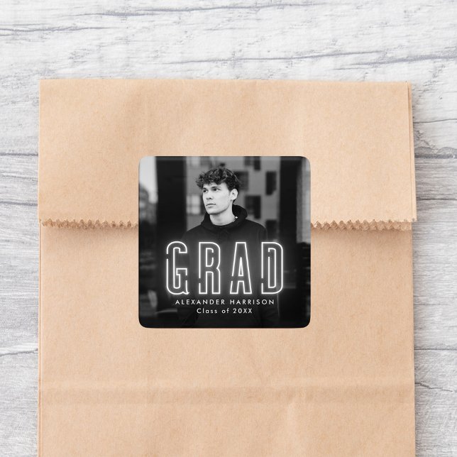Modern White Neon Graduation Square Sticker (Creator Uploaded)