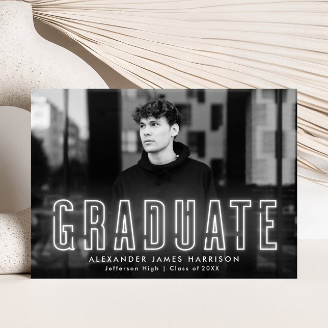 Modern White Neon Photo Graduation Announcement (Creator Uploaded)