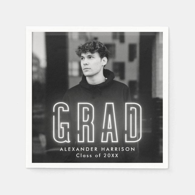 Modern White Neon Photo Graduation Napkin (Front)