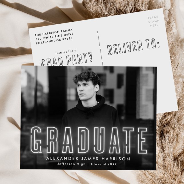 Modern White Neon Photo Graduation Party Invitation Postcard (Creator Uploaded)