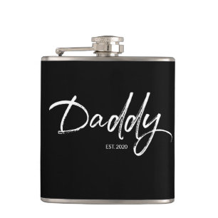 Modern White on Black Daddy Script Custom year dad Hip Flask