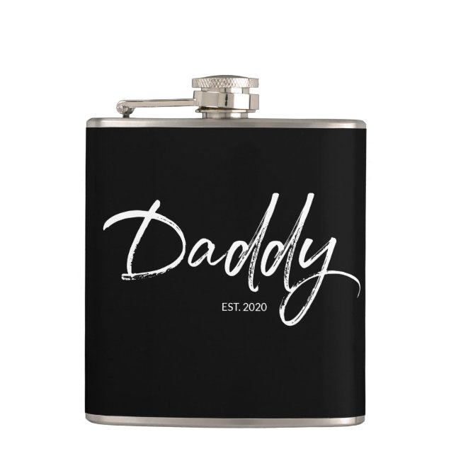 Modern White on Black Daddy Script Custom year dad Hip Flask (Front)