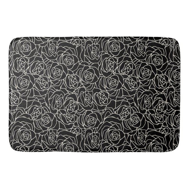 Modern White on Black Roses Pattern  Bath Mat (Front)