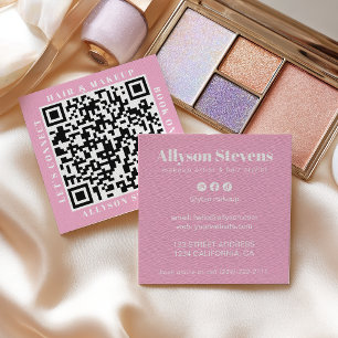 Modern White on Pink Bold QR Code Hair & Makeup Square Business Card
