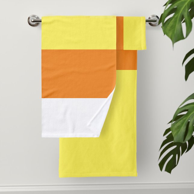 Modern White Orange Yellow Striped Bath Towel Set (Bright white, orange and yellow striped towels inspired by the colors of candy corn)