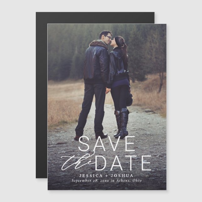 Modern White Overlay Full Photo Save the Date Magnetic Invitation (Front/Back)