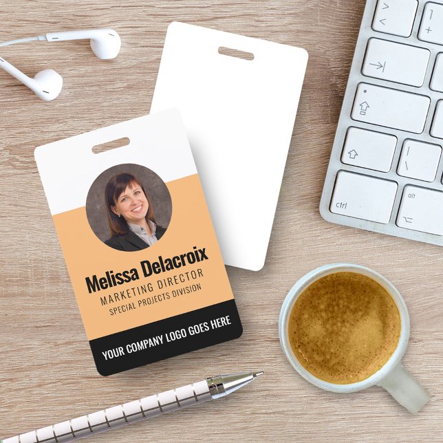 Modern White Peach Black Employee Photo ID ID Badge (Creator Uploaded)