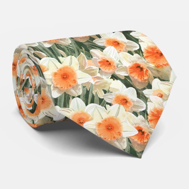 Modern White Peach Coral Daffodil Floral Pattern Tie (Rolled)