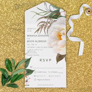 Modern White Peonies Floral on White Dinner All In One Invitation