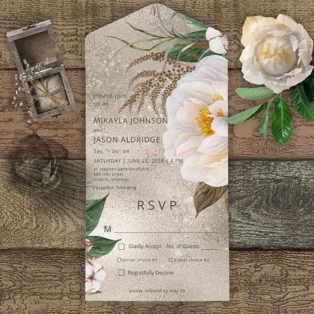 Modern White Peonies on Gold Dinner All In One Invitation (Creator Uploaded)