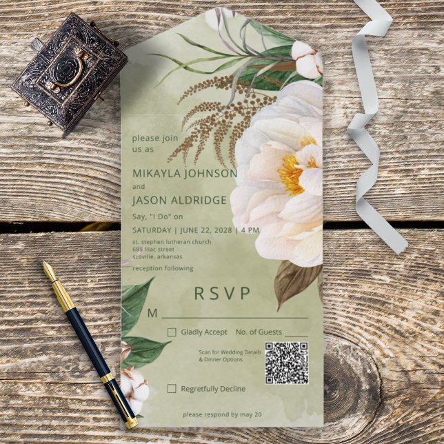 Modern White Peonies on Sage Green QR Code All In One Invitation (Creator Uploaded)