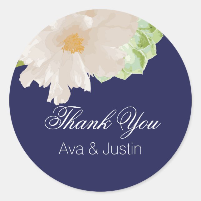 Modern White Peony and Succulents on Navy Classic Round Sticker (Front)