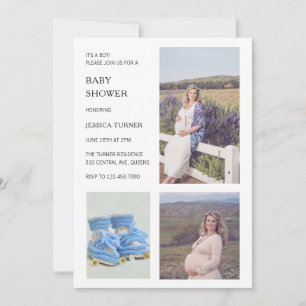 Modern White Photo Collage Boy Baby Shower Invitation