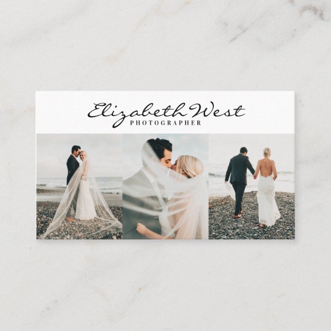 Modern white photography trendy photo calligraphy business card (Front)