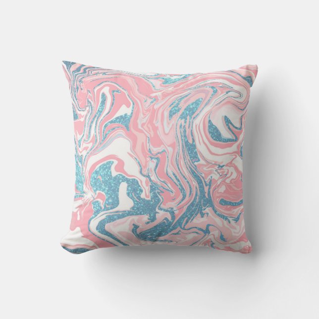 Modern White Pink Blue Glitter Marble Cushion (Front)