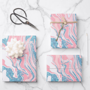 Modern White Pink Blue Glitter Marble Wrapping Paper Sheet