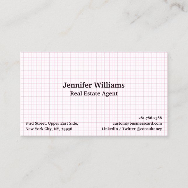 Modern White Pink Chequered Geometric Pattern Chic Business Card (Front)