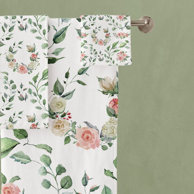Modern White & Pink Rose Laurels Bath Towel Set (Creator Uploaded)