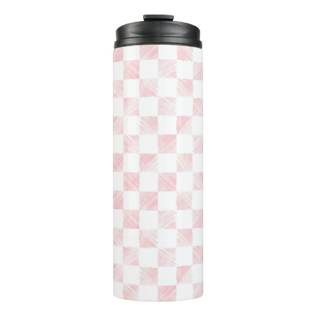 Modern White Pink Squares chequerboard  Thermal Tumbler (Front)
