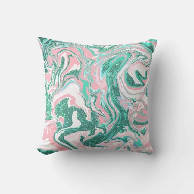 Modern White Pink Teal Green Glitter Marble Cushion (Front)