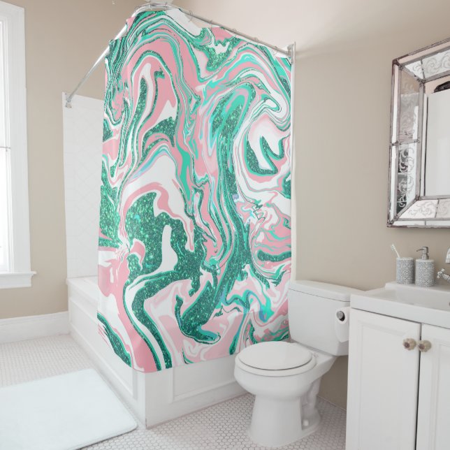 Modern White Pink Teal Green Glitter Marble Shower Curtain (In Situ)
