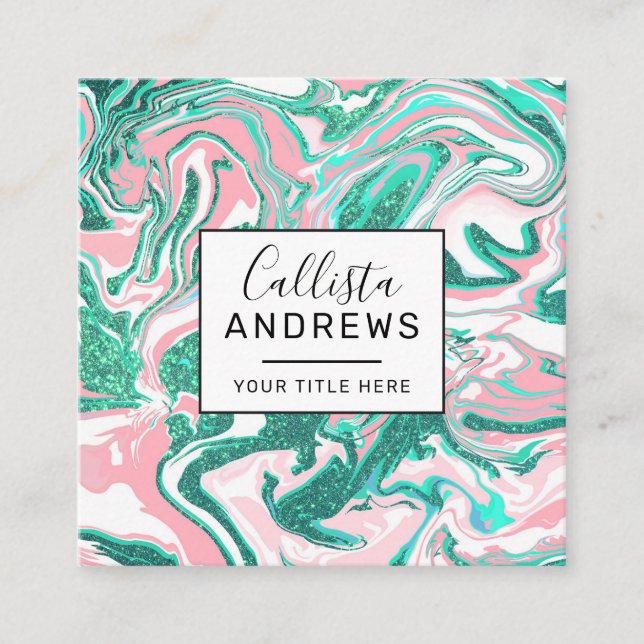 Modern White Pink Teal Green Glitter Marble Square Business Card (Front)